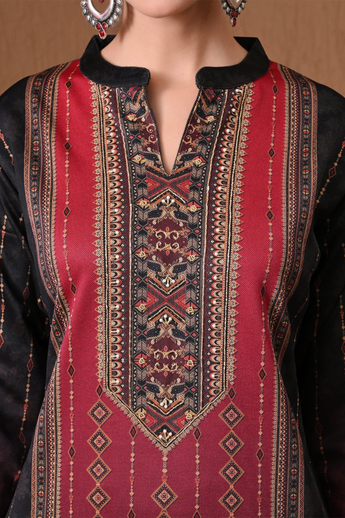 Winter Red and Black Ombre Printed Kurta 3 Pcs Set