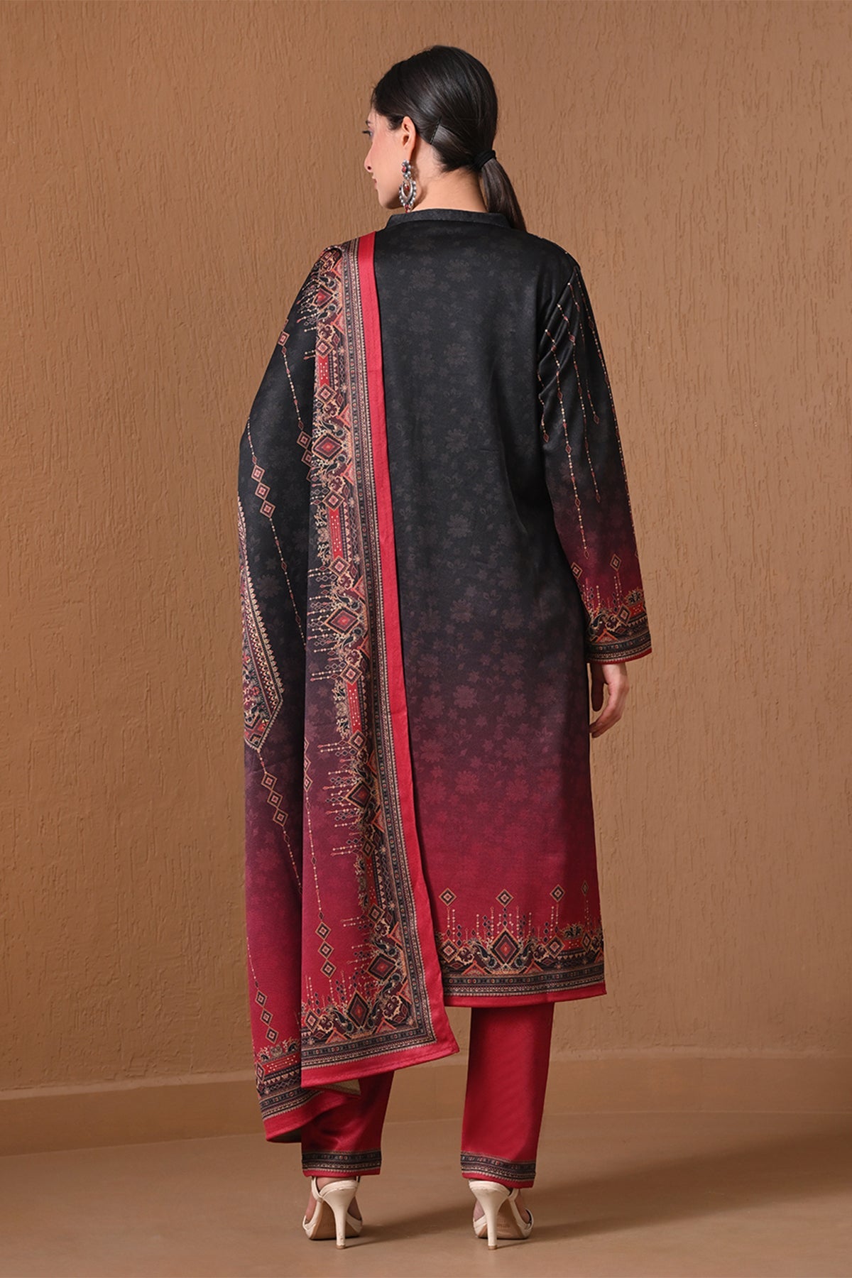 Winter Red and Black Ombre Printed Kurta 3 Pcs Set