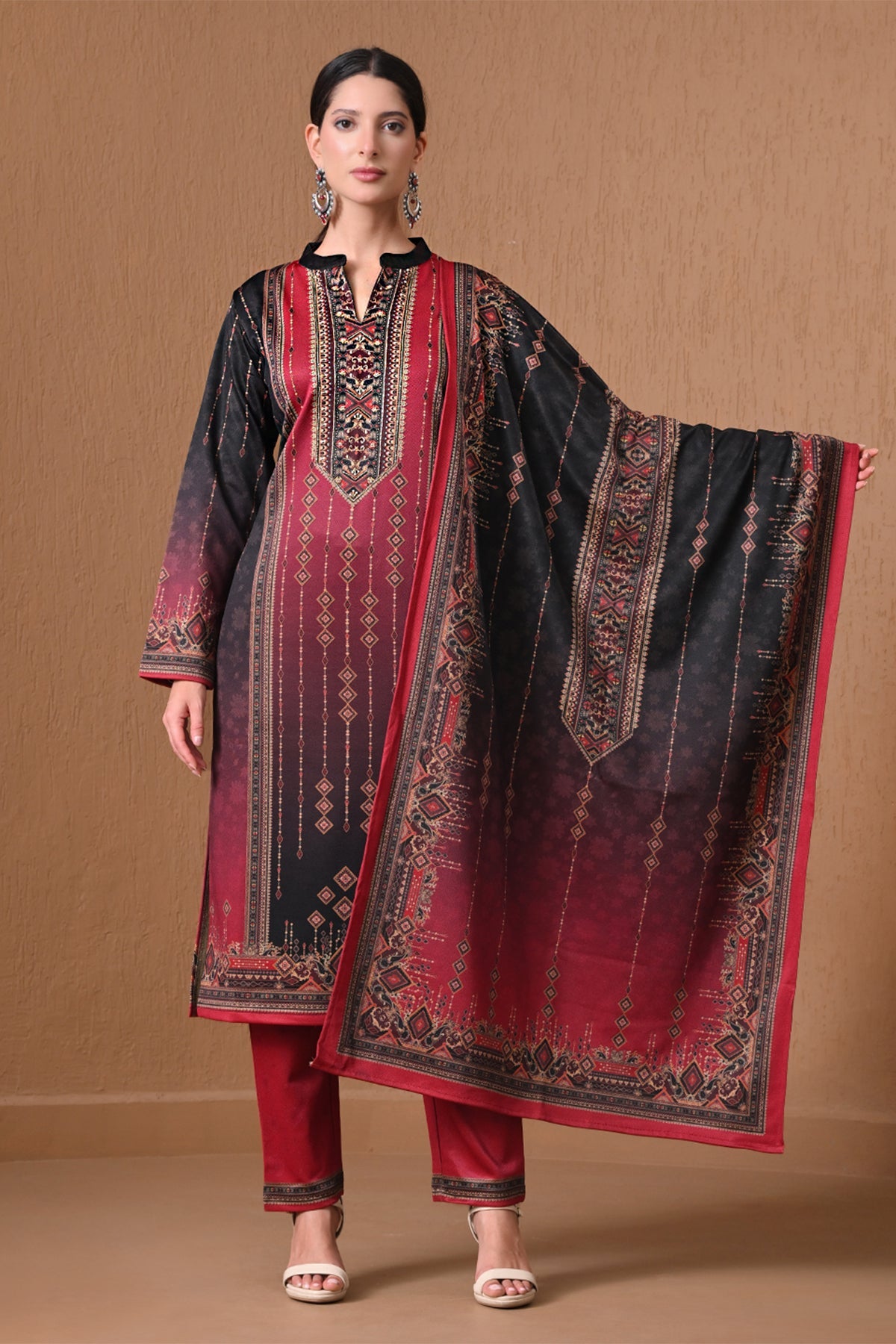 Winter Red and Black Ombre Printed Kurta 3 Pcs Set