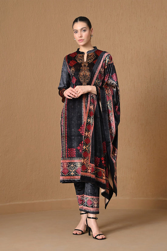 Winter Black Velvet Printed Kurta 3 Pcs Set