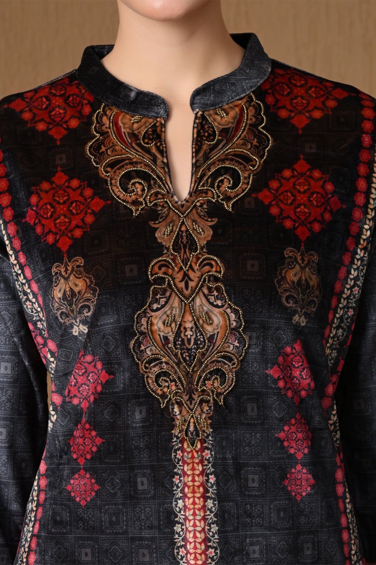 Winter Black Velvet Printed Kurta 3 Pcs Set