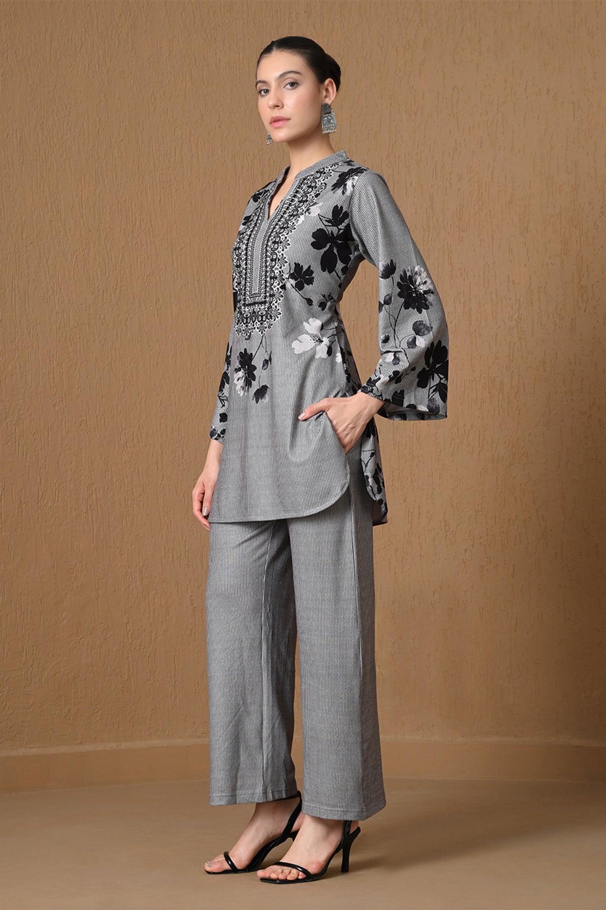 Winter Grey Floral Printed Woven Co-ord Set