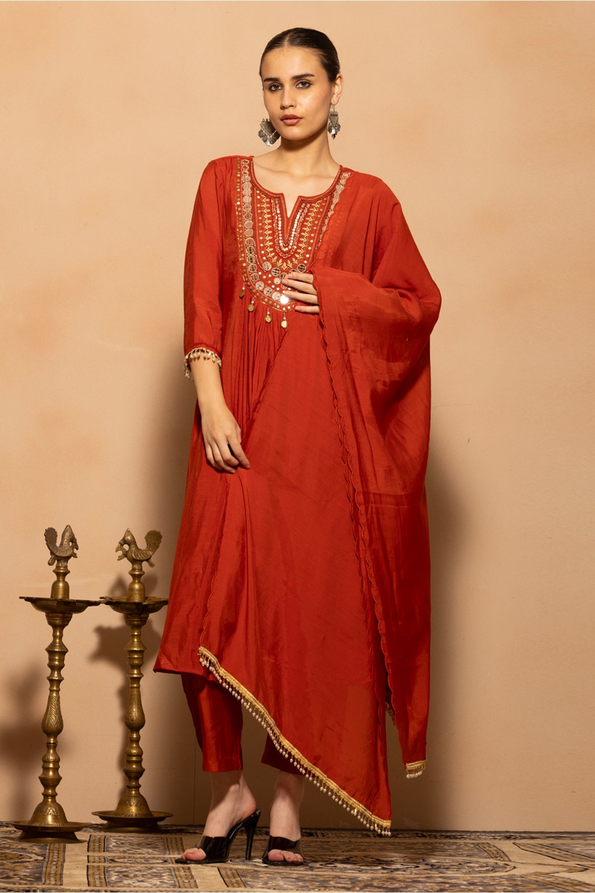 Rust Embroidered Anarkali 3 Pcs Kurta Set