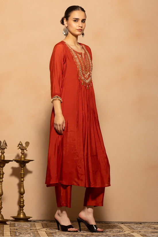 Rust Embroidered Anarkali 3 Pcs Kurta Set