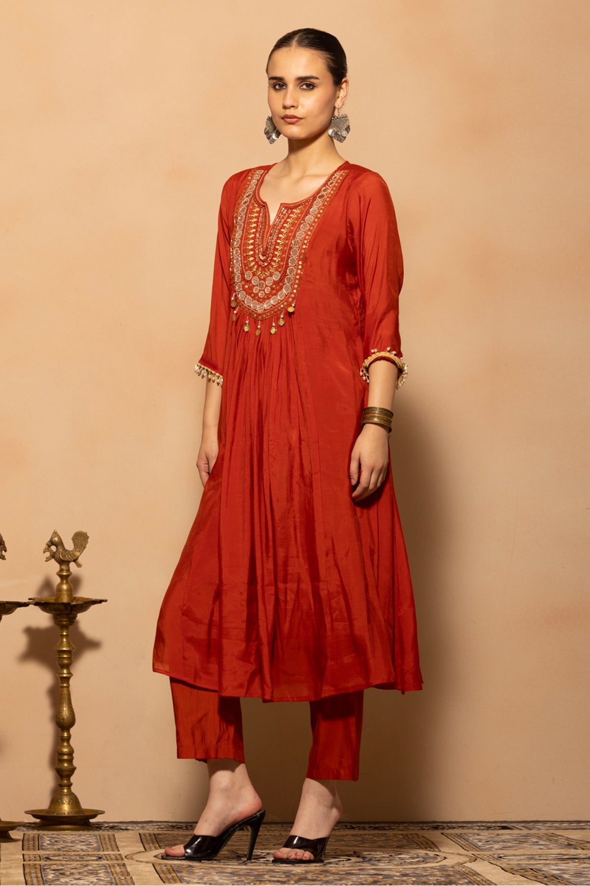 Rust Embroidered Anarkali 3 Pcs Kurta Set