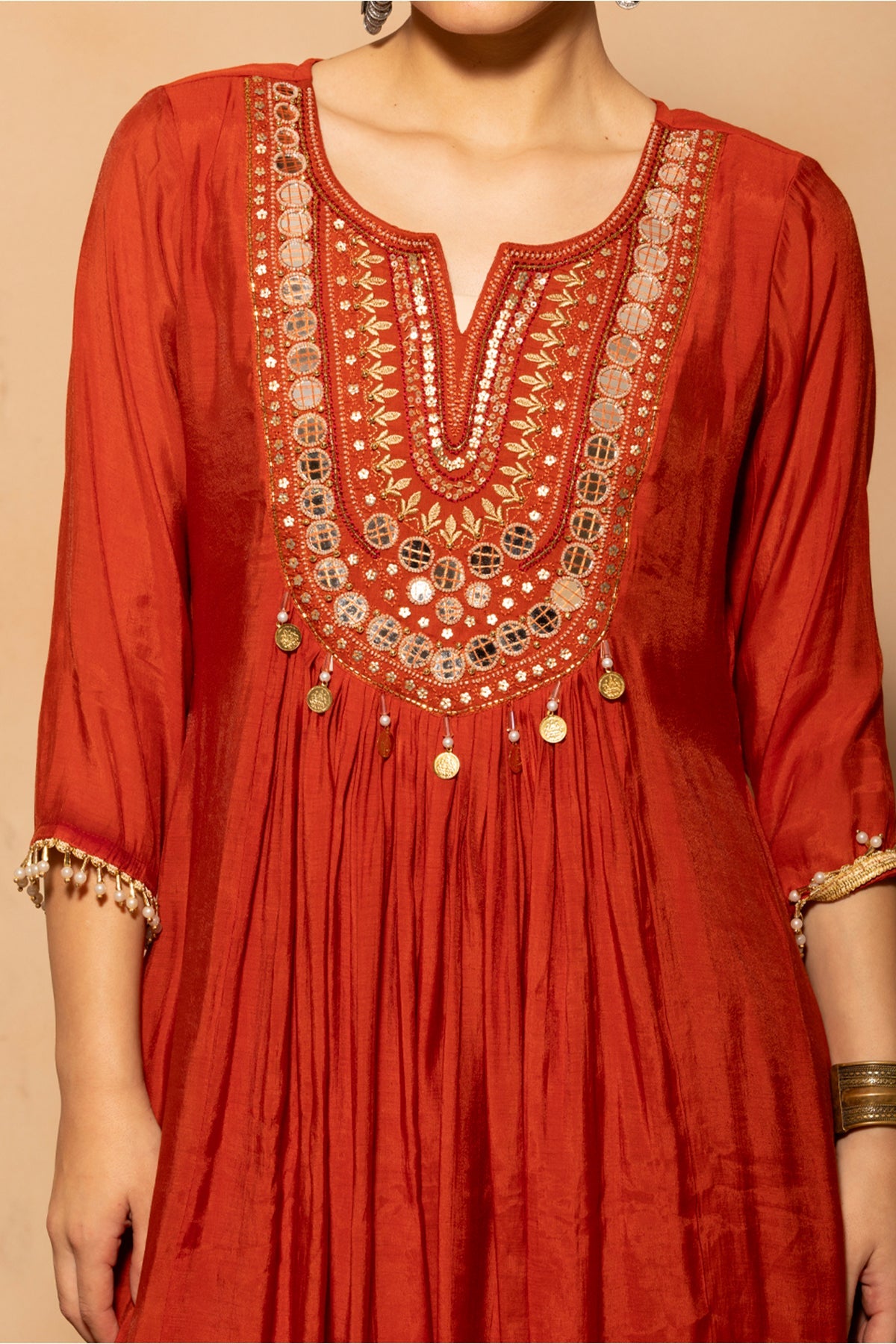 Rust Embroidered Anarkali 3 Pcs Kurta Set