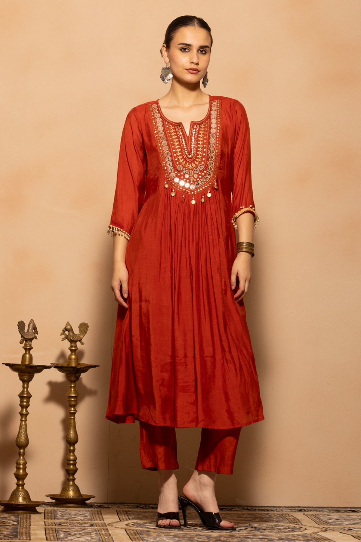Rust Embroidered Anarkali 3 Pcs Kurta Set