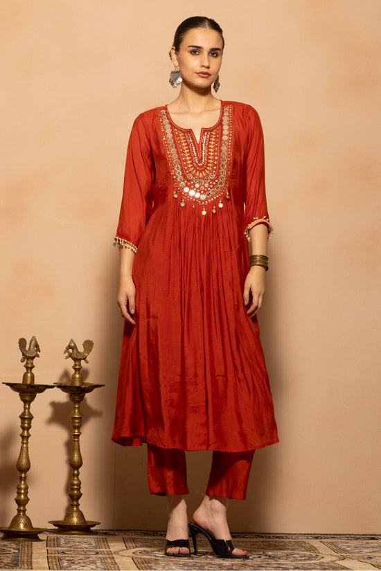 Rust Embroidered Anarkali 3 Pcs Kurta Set