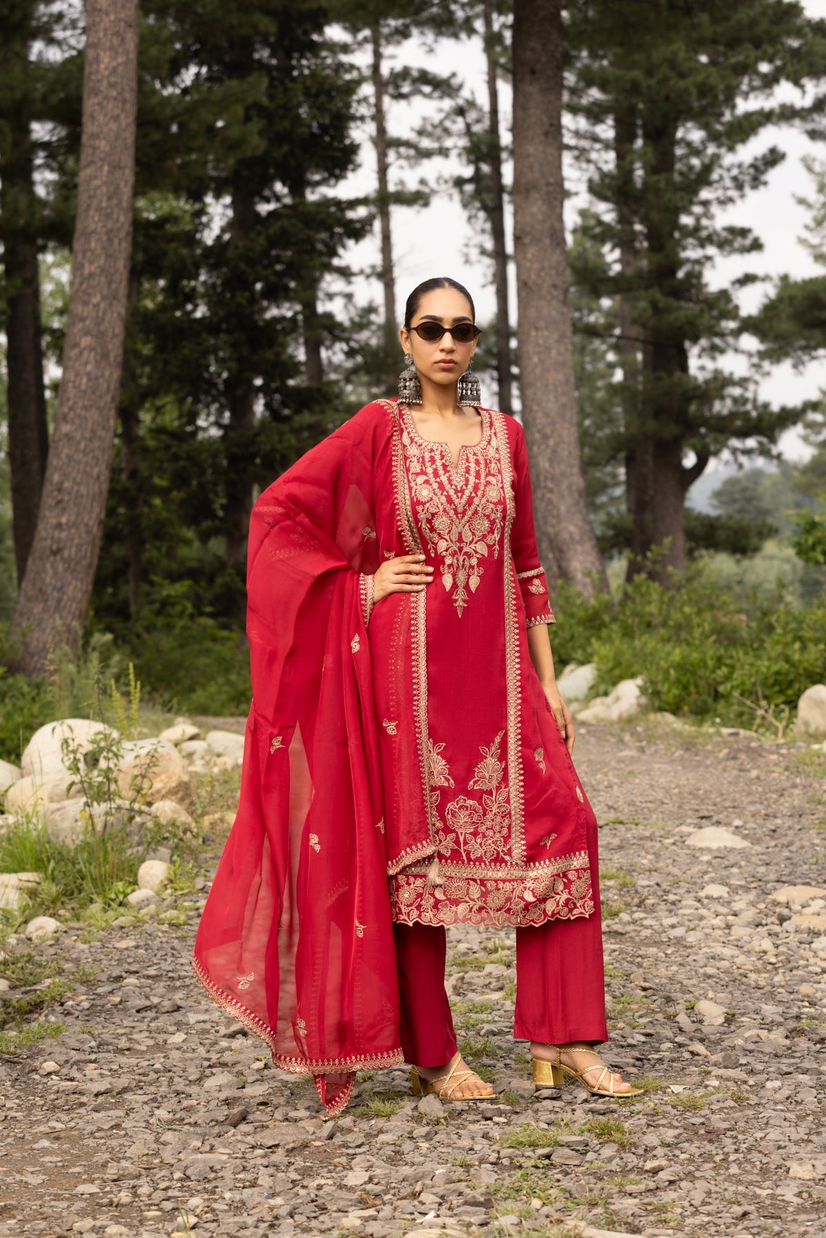 Maroon Gold-Embroidered 3 Pcs Kurta Set