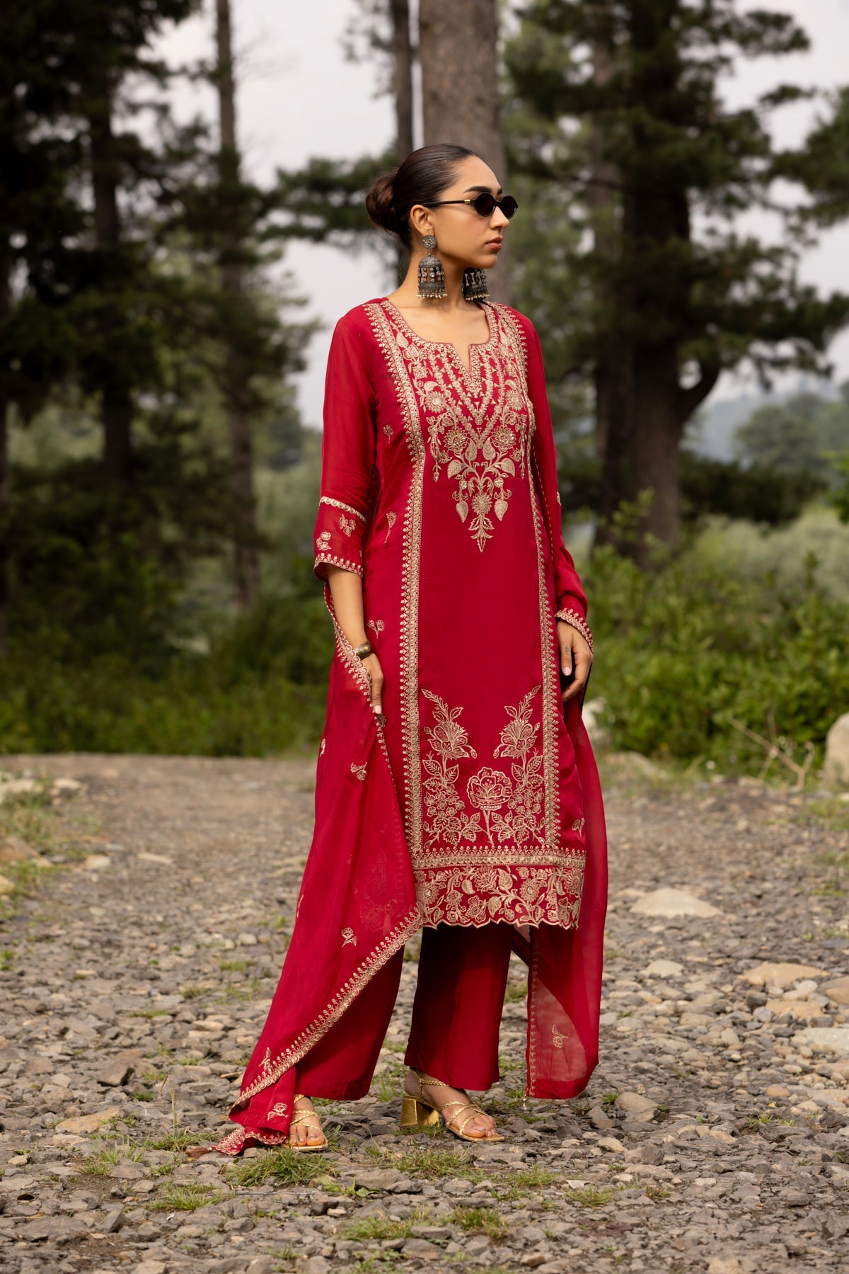 Maroon Gold-Embroidered 3 Pcs Kurta Set