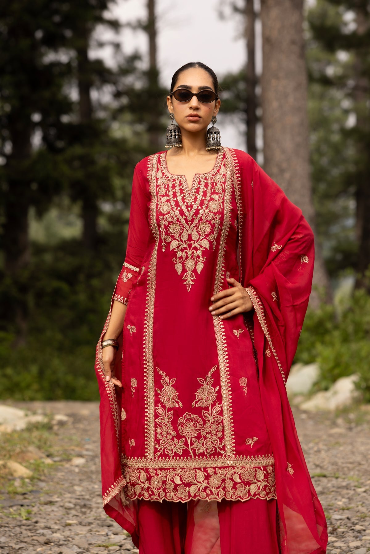 Maroon Gold-Embroidered 3 Pcs Kurta Set
