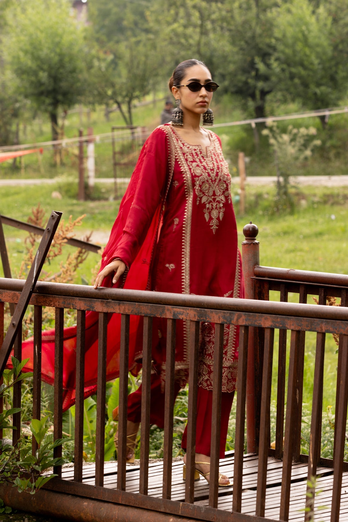 Maroon Gold-Embroidered 3 Pcs Kurta Set