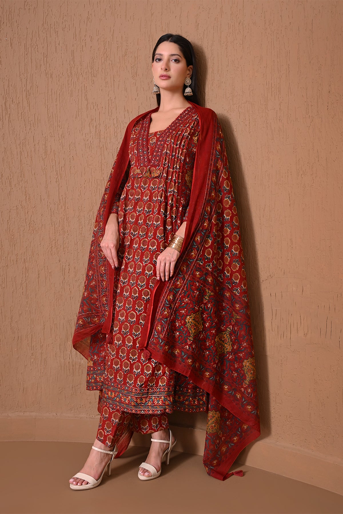 Maroon Floral Printed Anarkali 3 Pcs Kurta Set