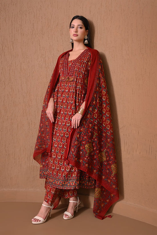 Maroon Floral Printed Anarkali 3 Pcs Kurta Set