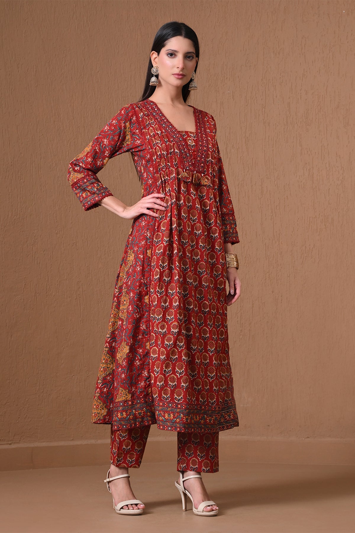 Maroon Floral Printed Anarkali 3 Pcs Kurta Set