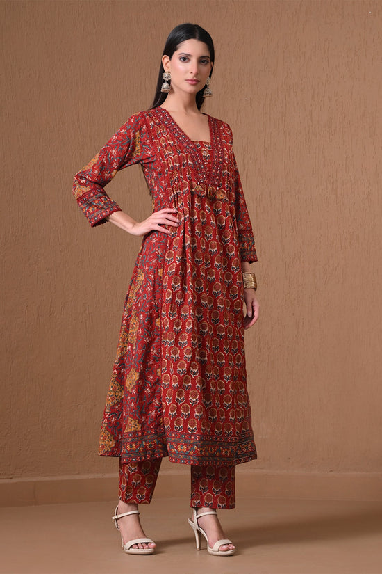 Maroon Floral Printed Anarkali 3 Pcs Kurta Set