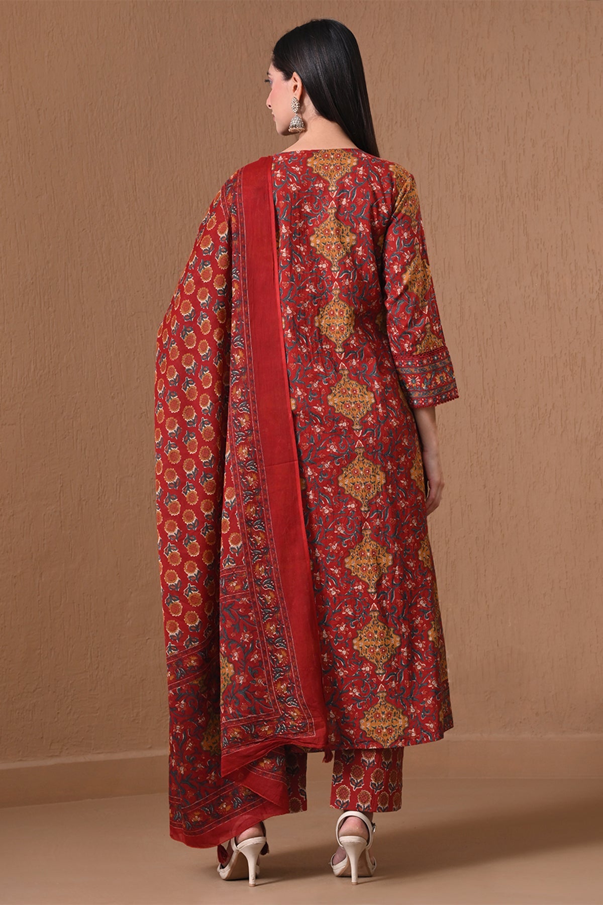 Maroon Floral Printed Anarkali 3 Pcs Kurta Set
