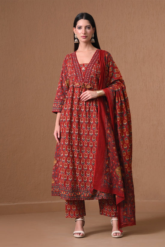Maroon Floral Printed Anarkali 3 Pcs Kurta Set