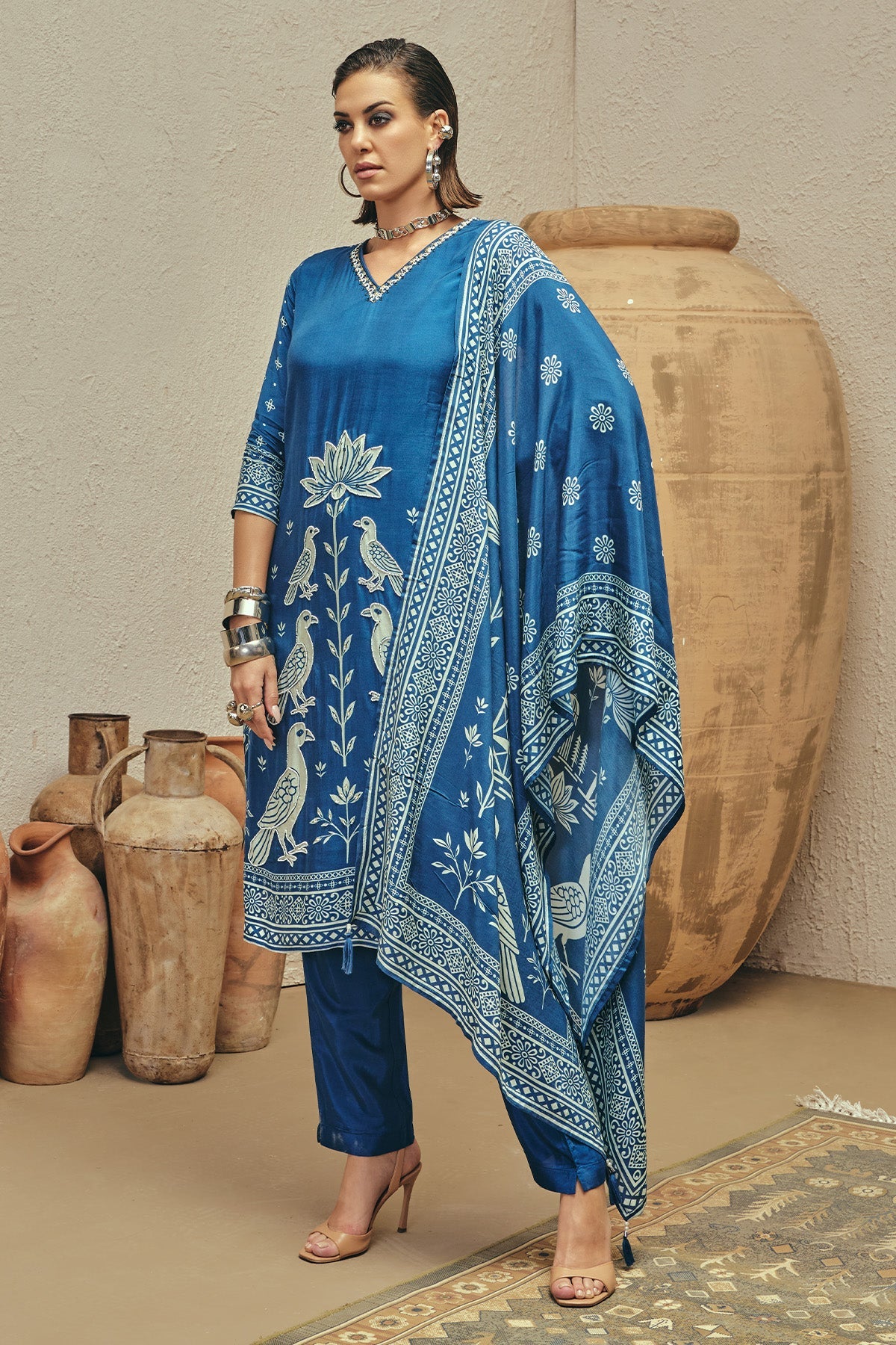 Blue Stone Embellished Kurta 3 Pcs Set