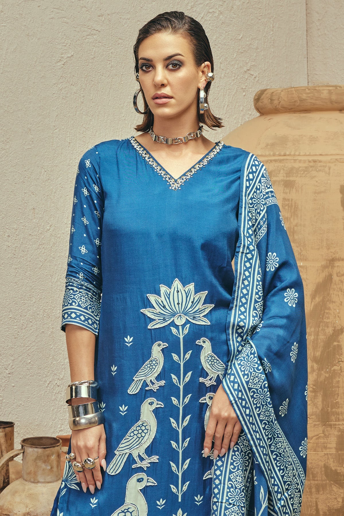 Blue Stone Embellished Kurta 3 Pcs Set