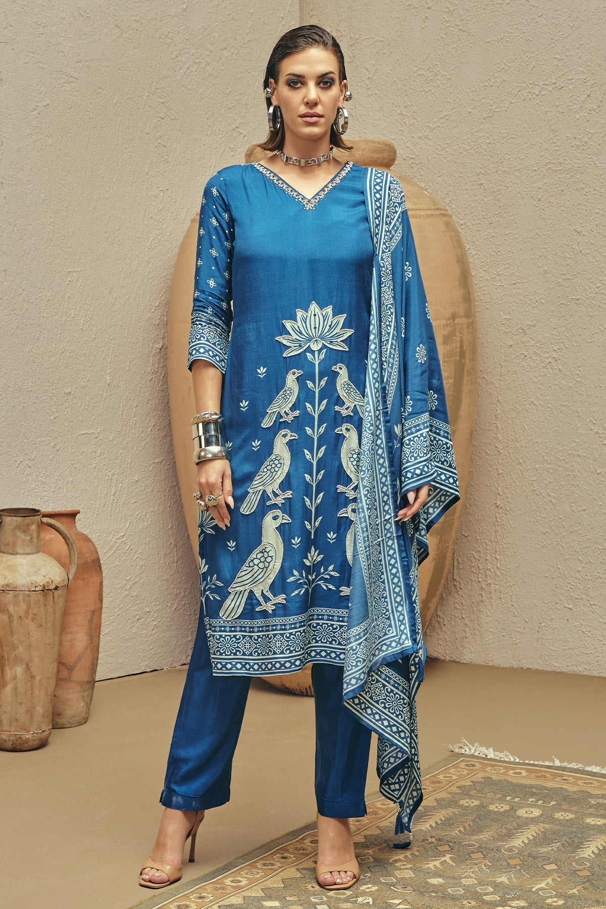 Blue Stone Embellished Kurta 3 Pcs Set