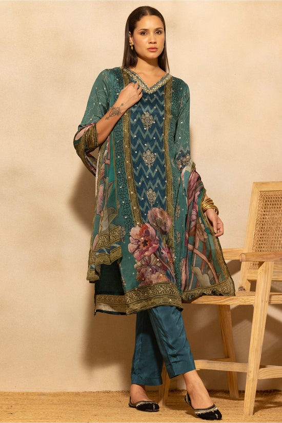 Teal Blue Printed 3 Pcs Kurta Set