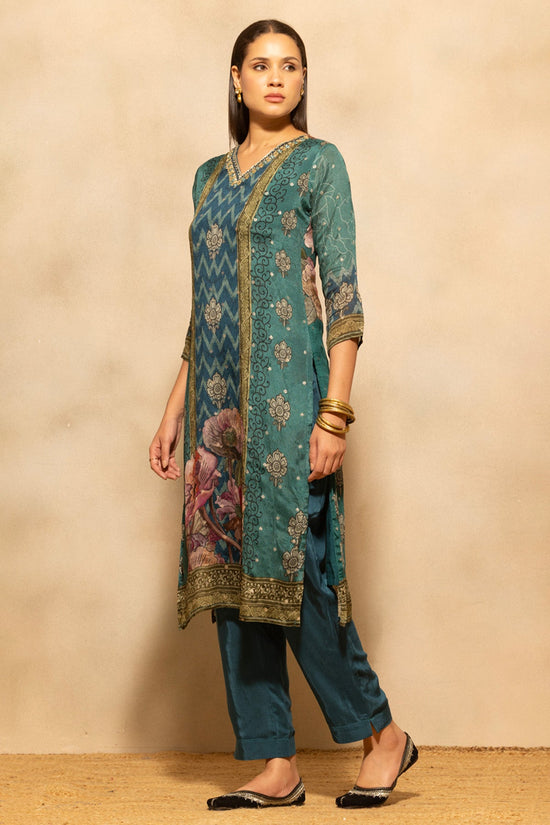 Teal Blue Printed 3 Pcs Kurta Set