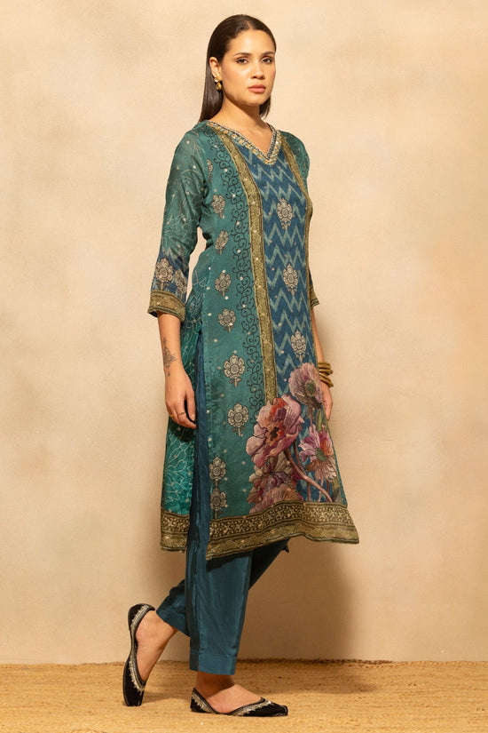 Teal Blue Printed 3 Pcs Kurta Set