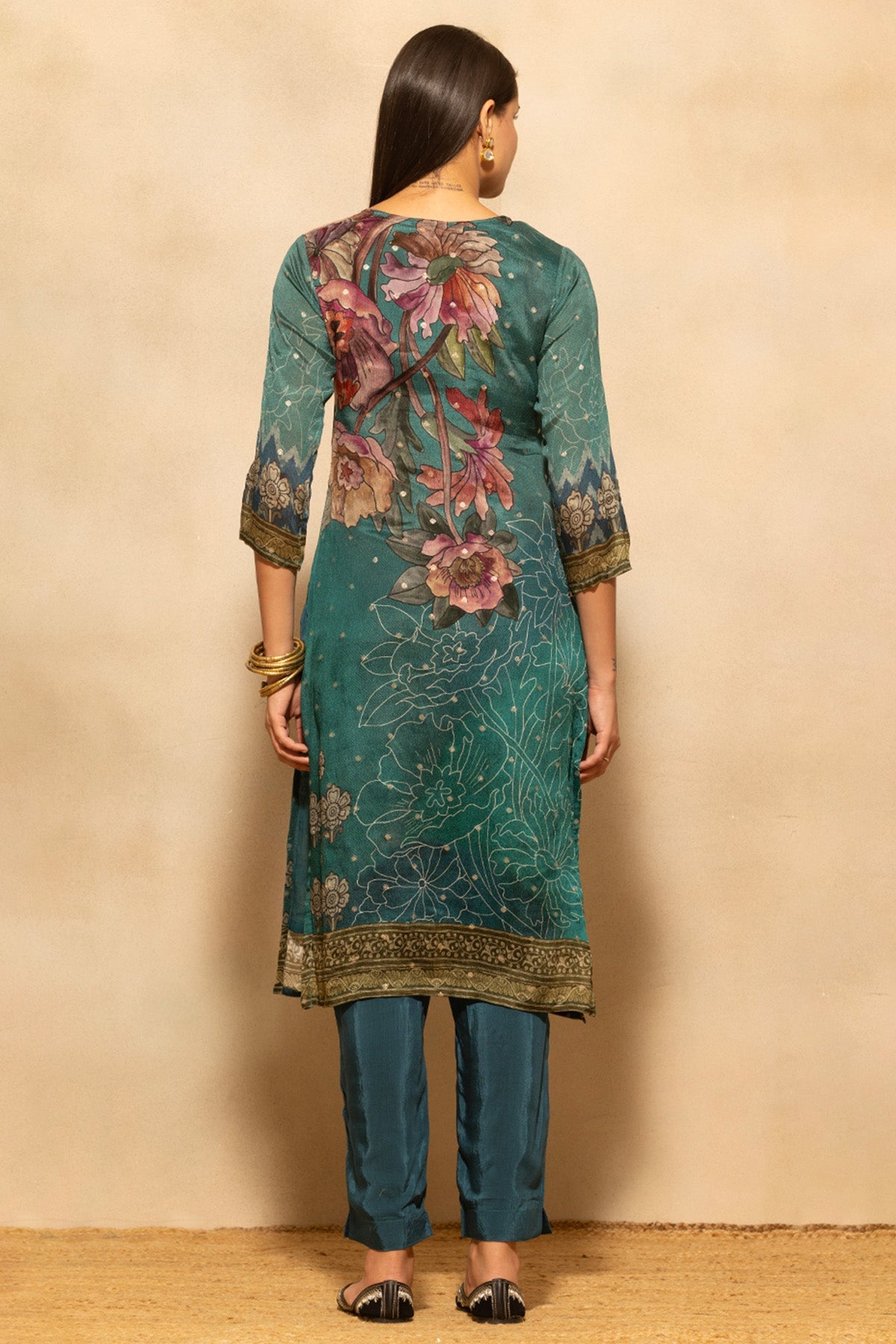 Teal Blue Printed 3 Pcs Kurta Set