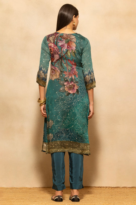 Teal Blue Printed 3 Pcs Kurta Set