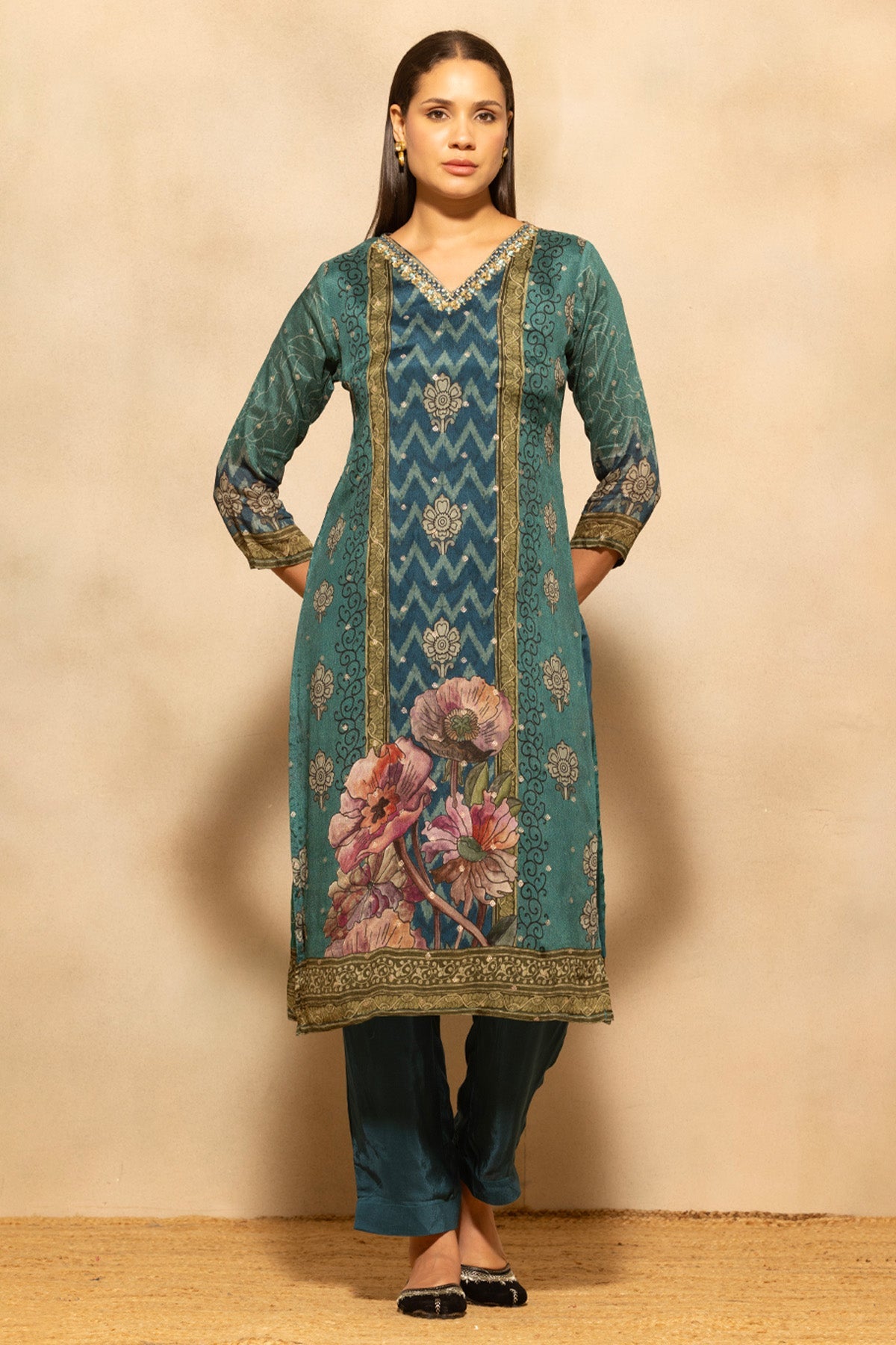 Teal Blue Printed 3 Pcs Kurta Set