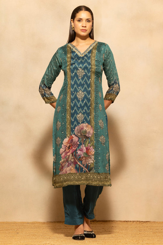 Teal Blue Printed 3 Pcs Kurta Set