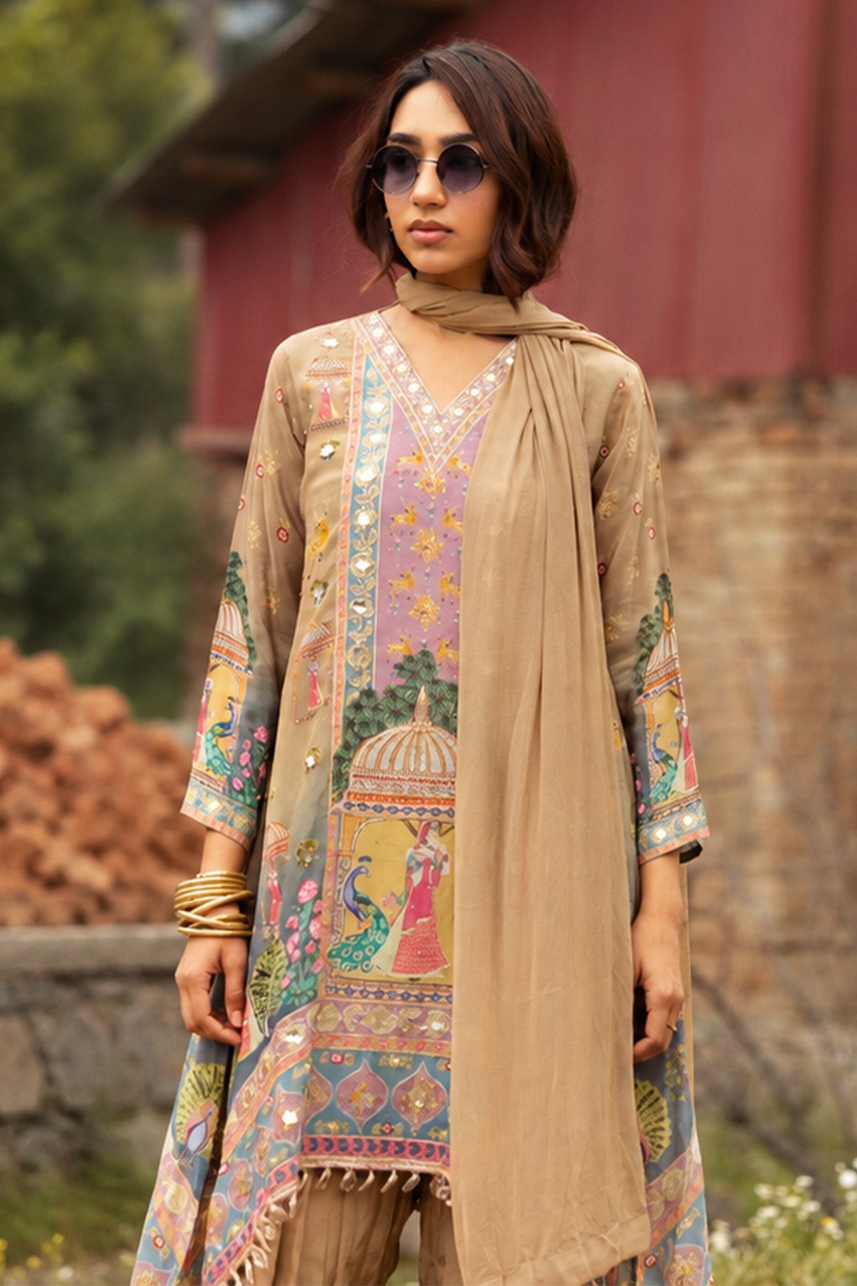 Multi Pichwai Printed Embellished 3 Pcs Kurta Set