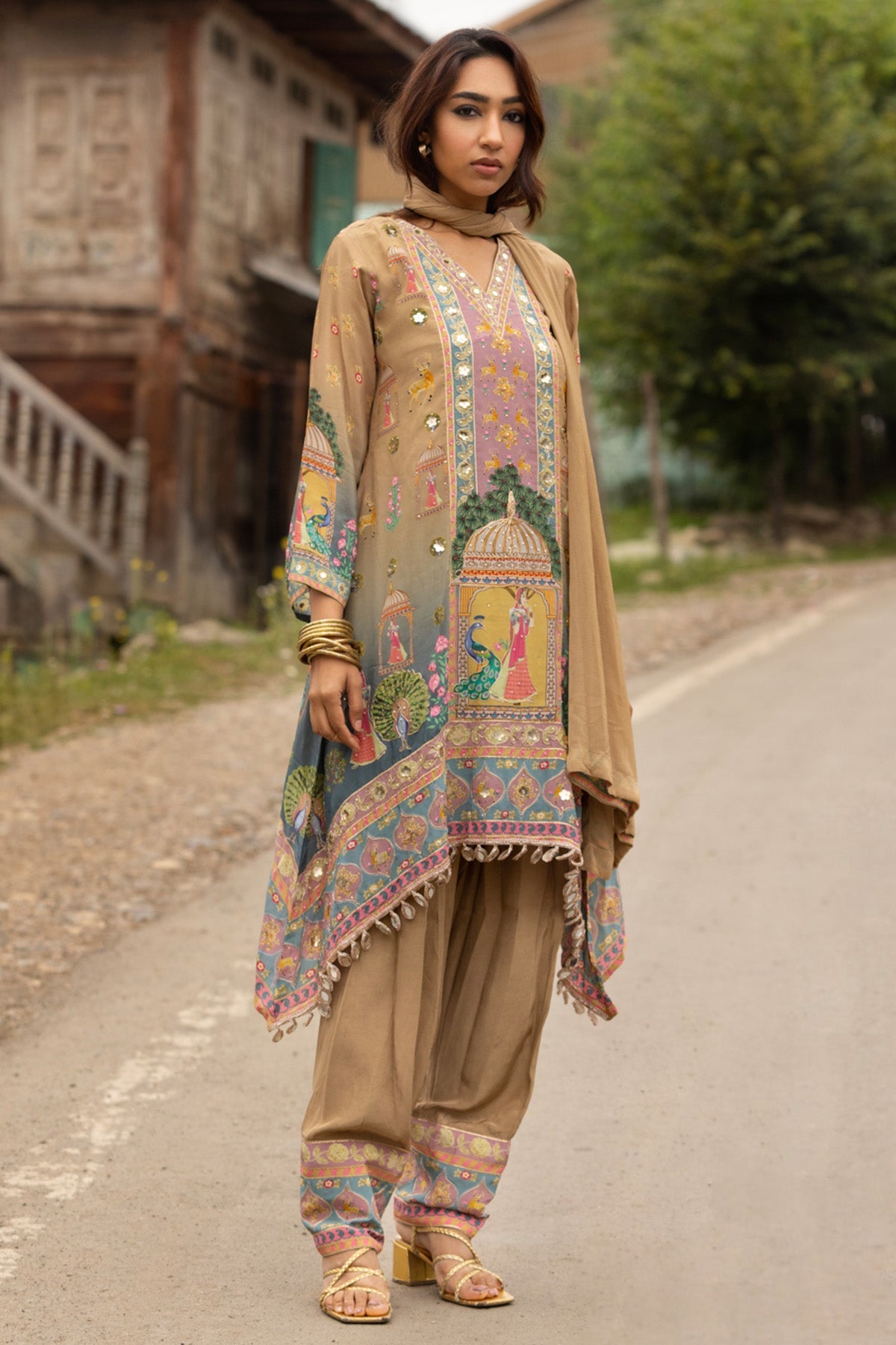 Multi Pichwai Printed Embellished 3 Pcs Kurta Set