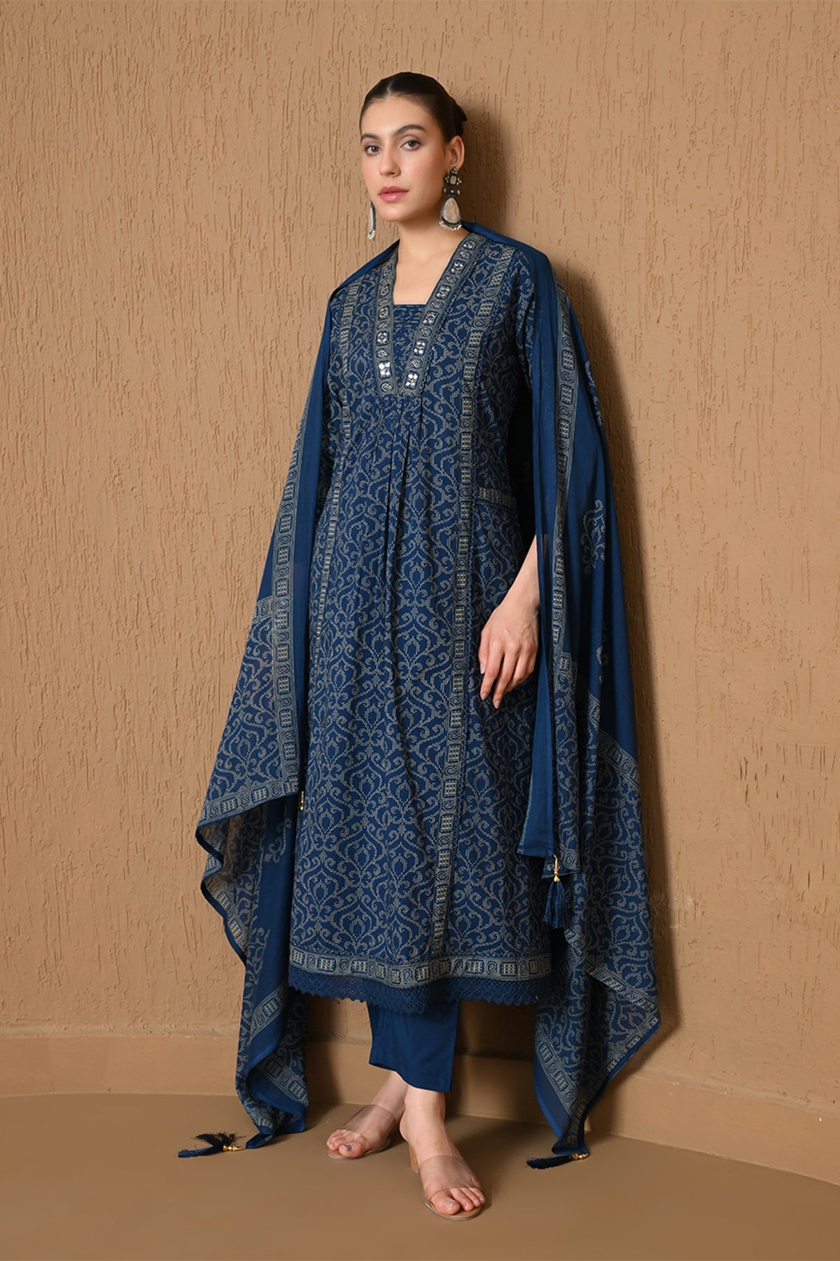 Indigo Blue Block Printed A-line 3 Pcs Kurta Set