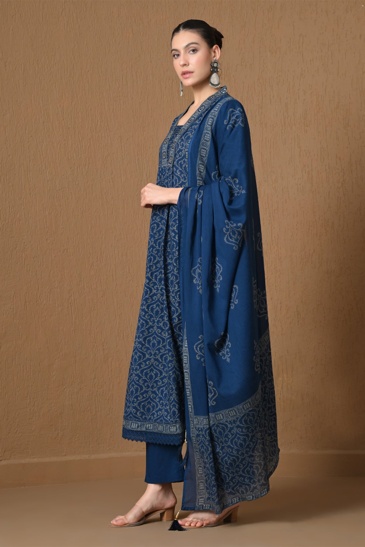 Indigo Blue Block Printed A-line 3 Pcs Kurta Set