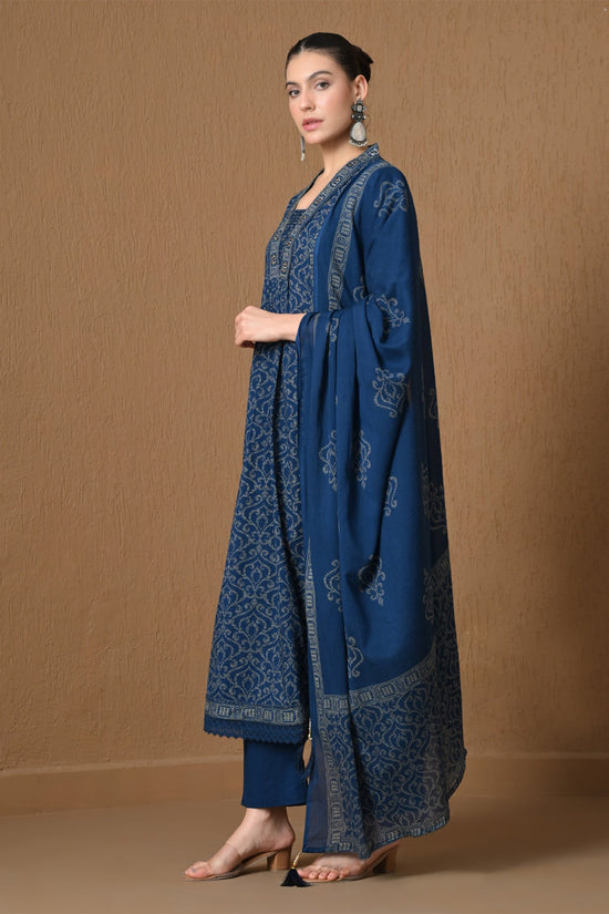 Indigo Blue Block Printed A-line 3 Pcs Kurta Set