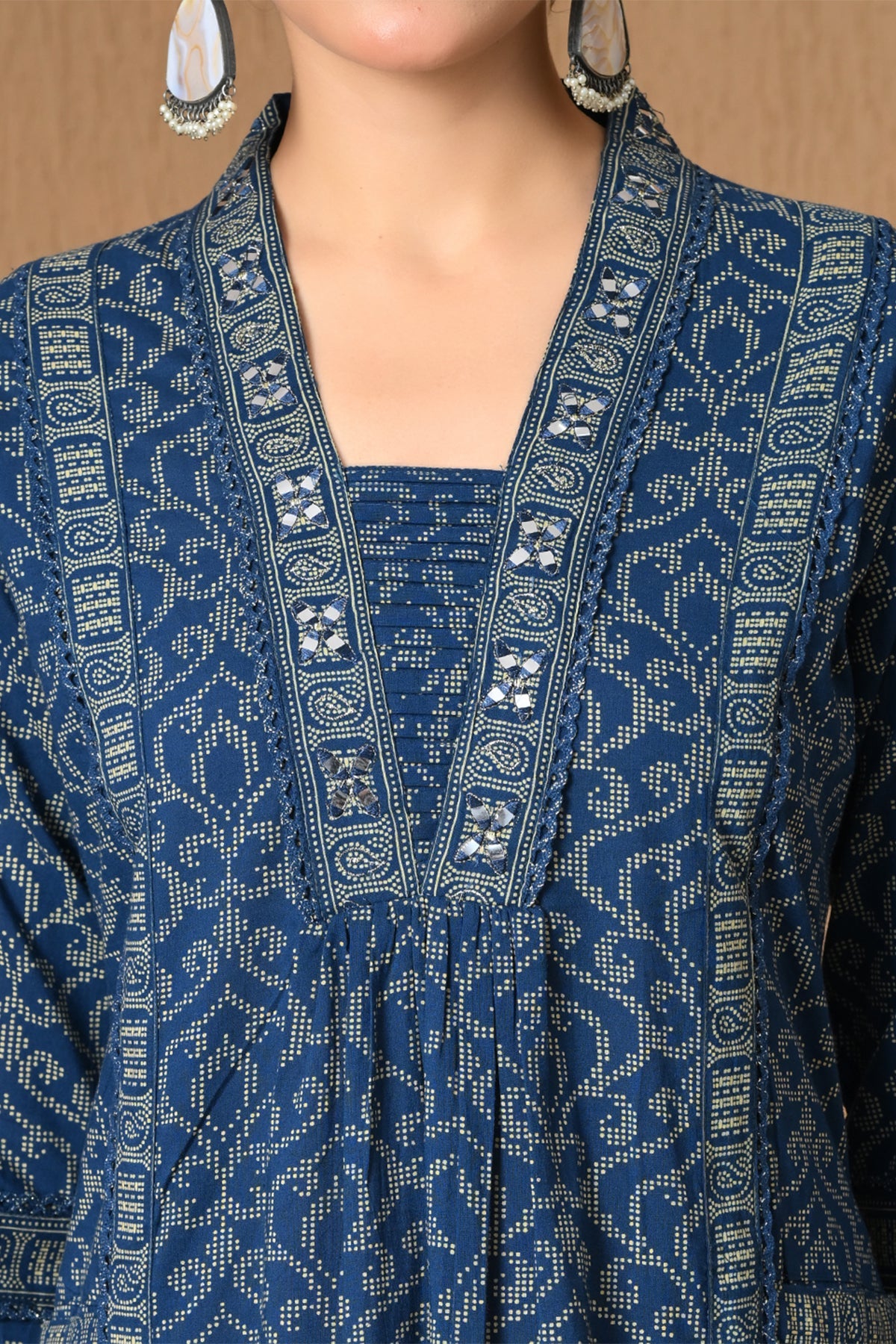 Indigo Blue Block Printed A-line 3 Pcs Kurta Set