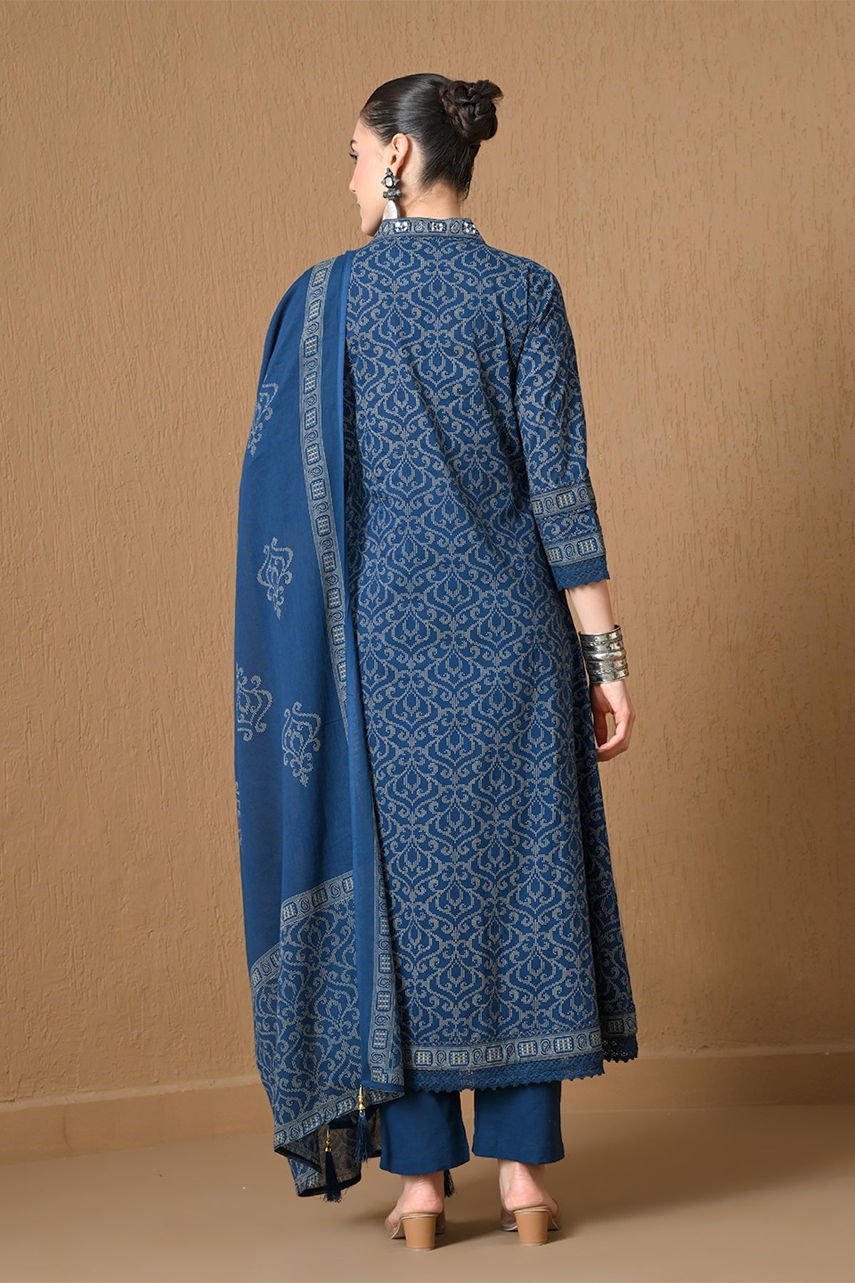 Indigo Blue Block Printed A-line 3 Pcs Kurta Set