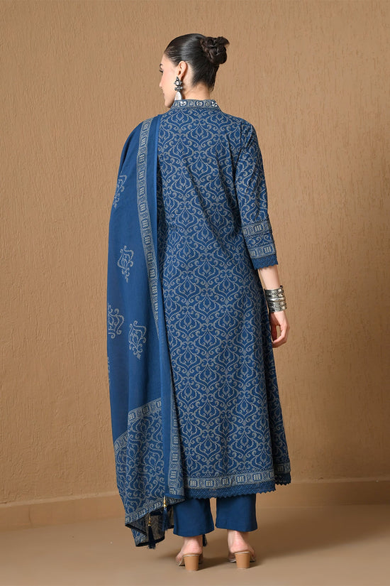 Indigo Blue Block Printed A-line 3 Pcs Kurta Set