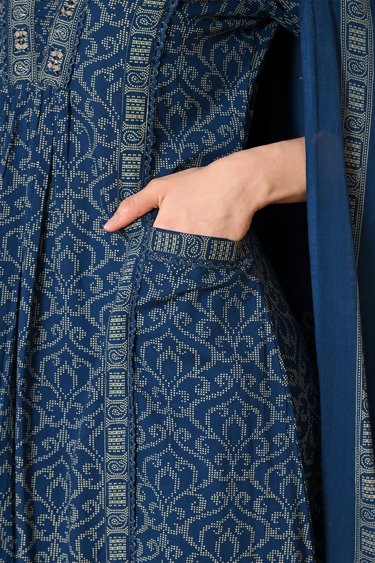 Indigo Blue Block Printed A-line 3 Pcs Kurta Set
