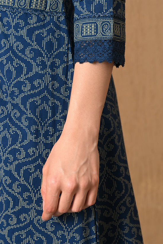 Indigo Blue Block Printed A-line 3 Pcs Kurta Set
