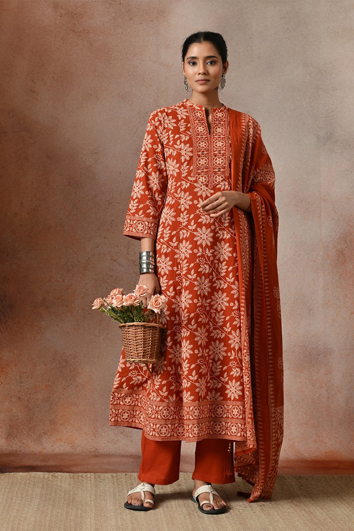 Rust Floral Print A-line 3 Pcs Kurta Set