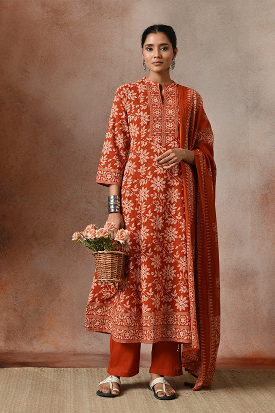 Rust Floral Print A-line 3 Pcs Kurta Set
