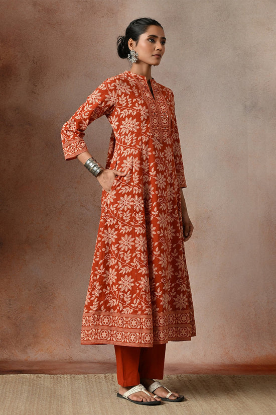 Rust Floral Print A-line 3 Pcs Kurta Set