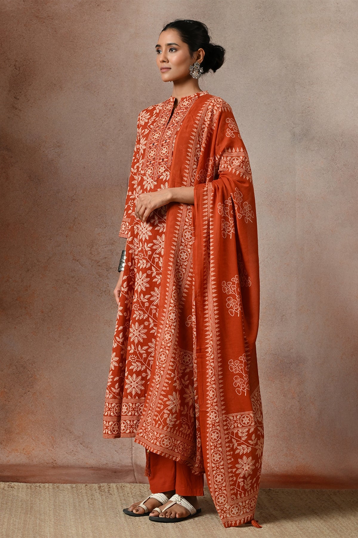 Rust Floral Print A-line 3 Pcs Kurta Set