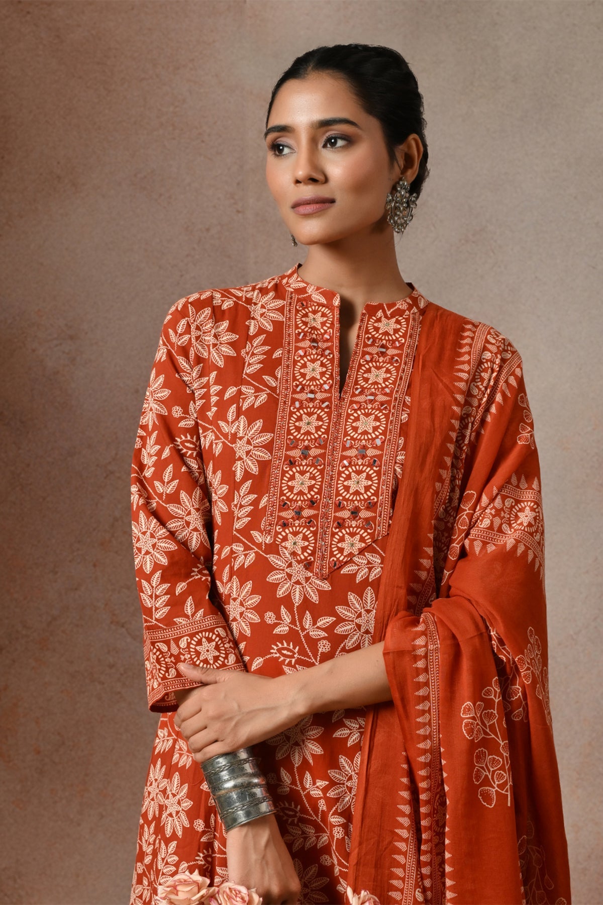 Rust Floral Print A-line 3 Pcs Kurta Set