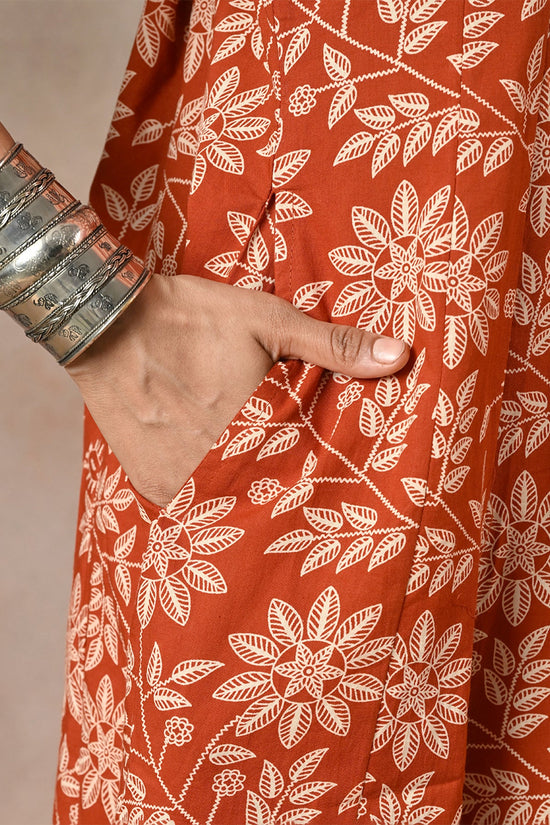Rust Floral Print A-line 3 Pcs Kurta Set