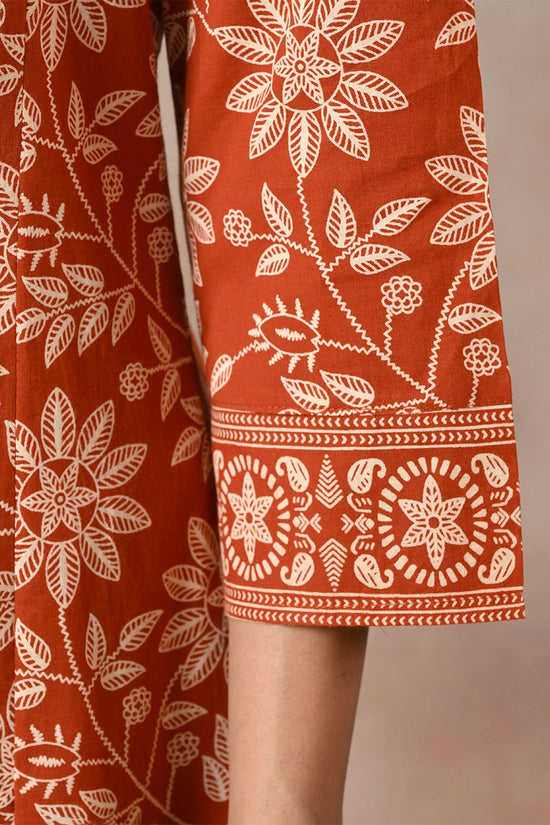 Rust Floral Print A-line 3 Pcs Kurta Set