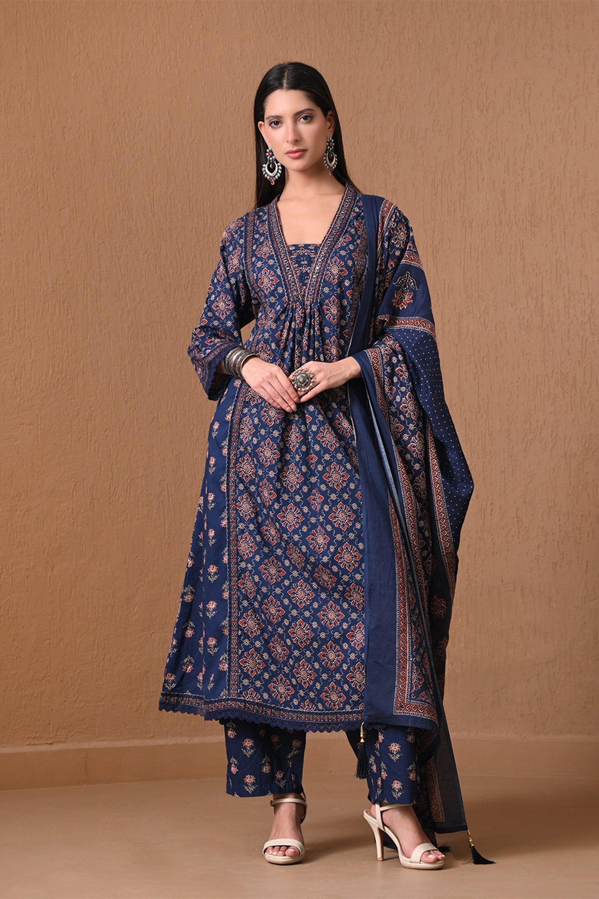 Indigo Blue Block Printed Anarkali 3 Pcs Kurta Set
